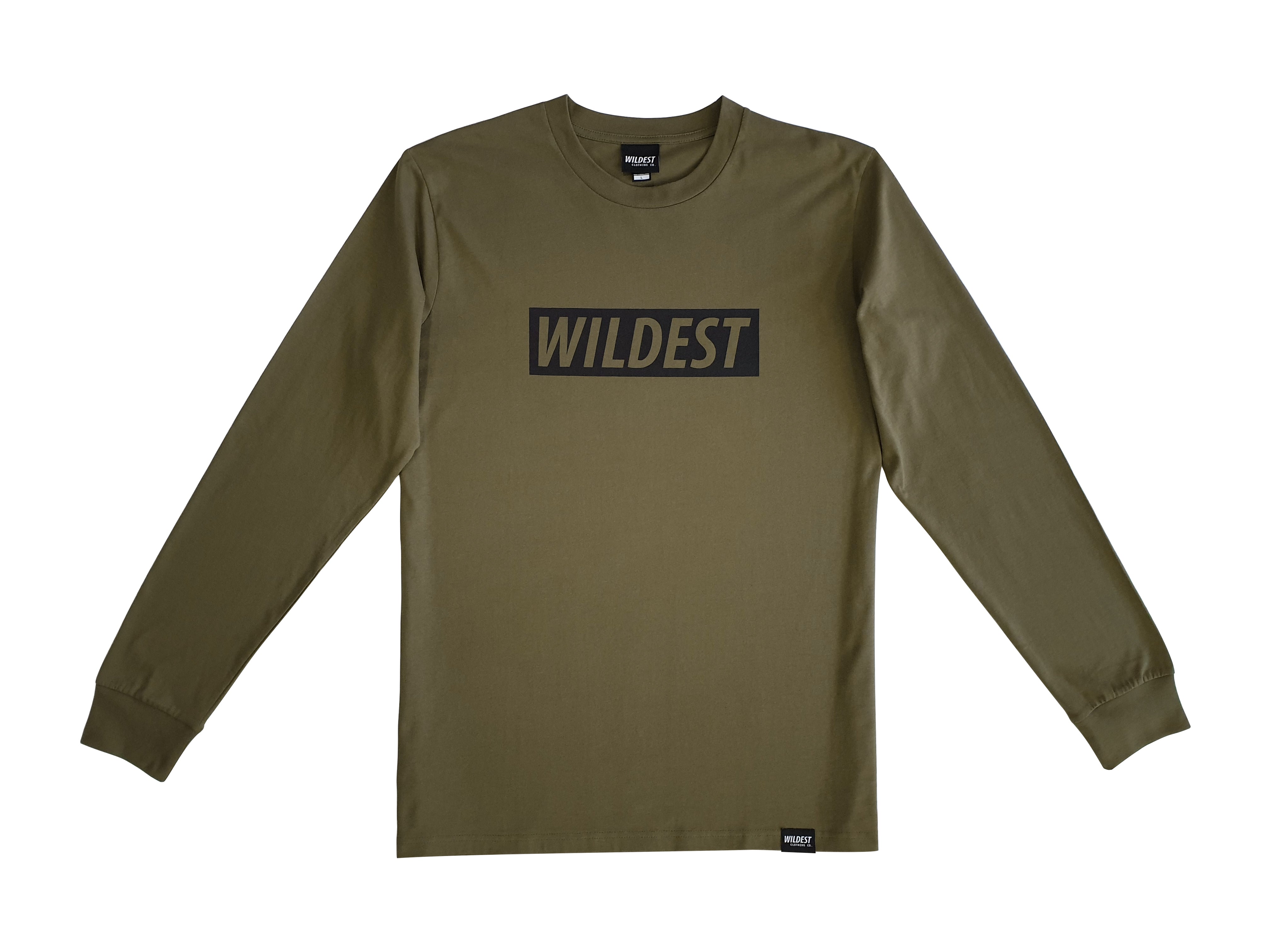 Army green coloured long sleeve t shirt with black Wildest block print