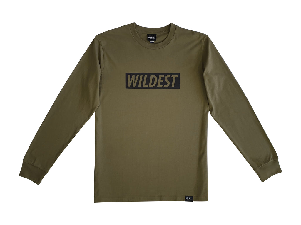 Army green coloured long sleeve t shirt with black Wildest block print