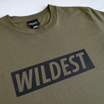 Close up of army green long sleeve t shirt with black Wildest block print