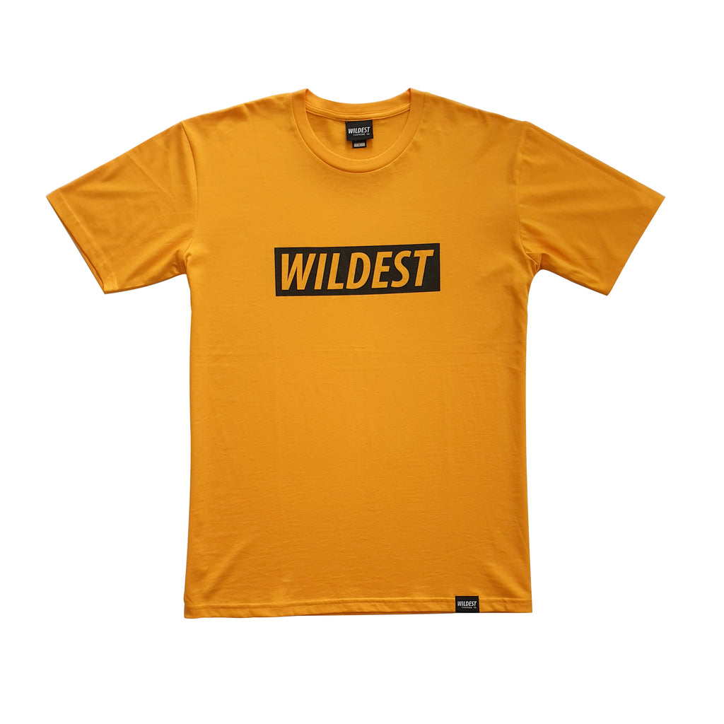 Gold coloured t shirt with black Wildest block print