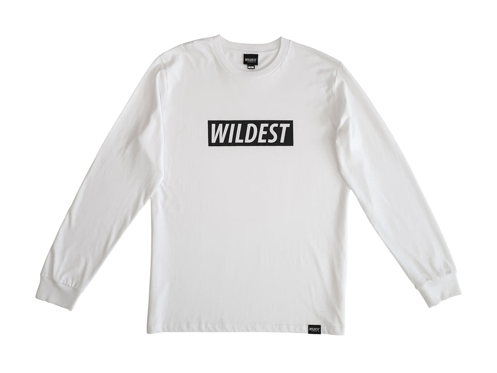 White coloured long sleeve t shirt with black Wildest block print