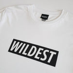 Close up of white long sleeve t shirt with black Wildest block print