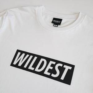 Close up of white long sleeve t shirt with black Wildest block print