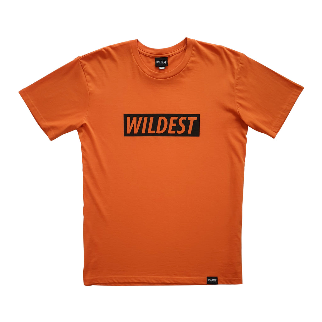Orange coloured t shirt with black Wildest block print