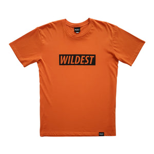 Orange coloured t shirt with black Wildest block print