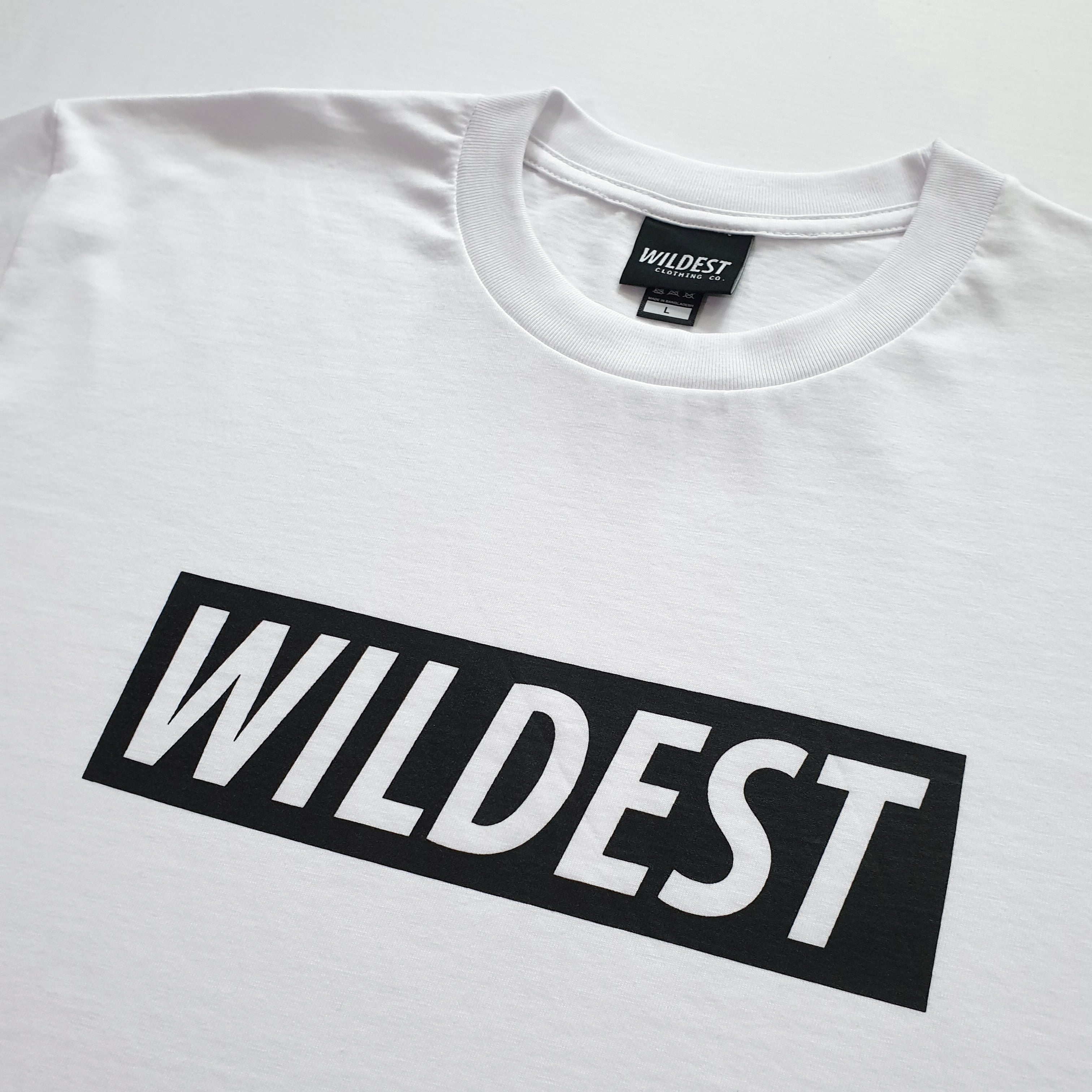 Close up of white t shirt with black Wildest block print