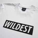 Close up of white t shirt with black Wildest block print