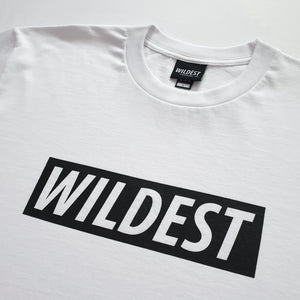 Close up of white t shirt with black Wildest block print