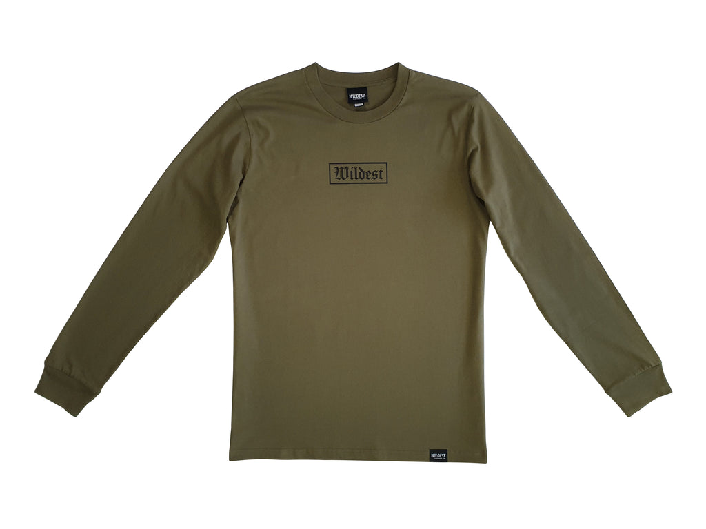 Army green coloured long sleeve t shirt with black Wildest blackletter box print