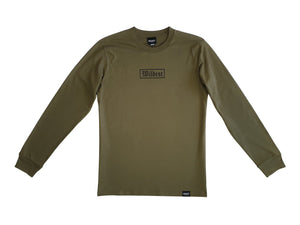 Army green coloured long sleeve t shirt with black Wildest blackletter box print