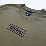 Close up of army green long sleeve t shirt with black Wildest blackletter box print