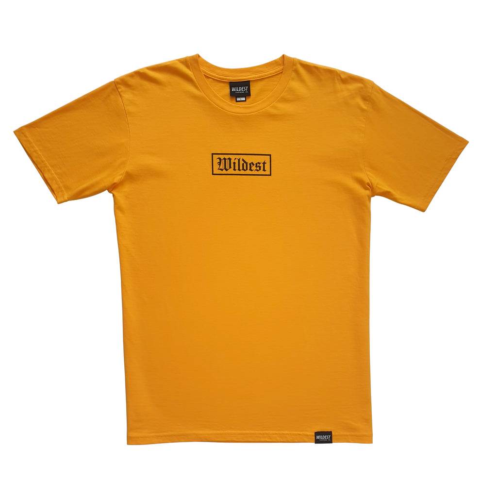 Gold coloured t shirt with black Wildest blackletter box print