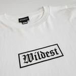 Close up of white long sleeve t shirt with black Wildest blackletter box print