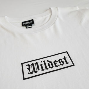 Close up of white long sleeve t shirt with black Wildest blackletter box print