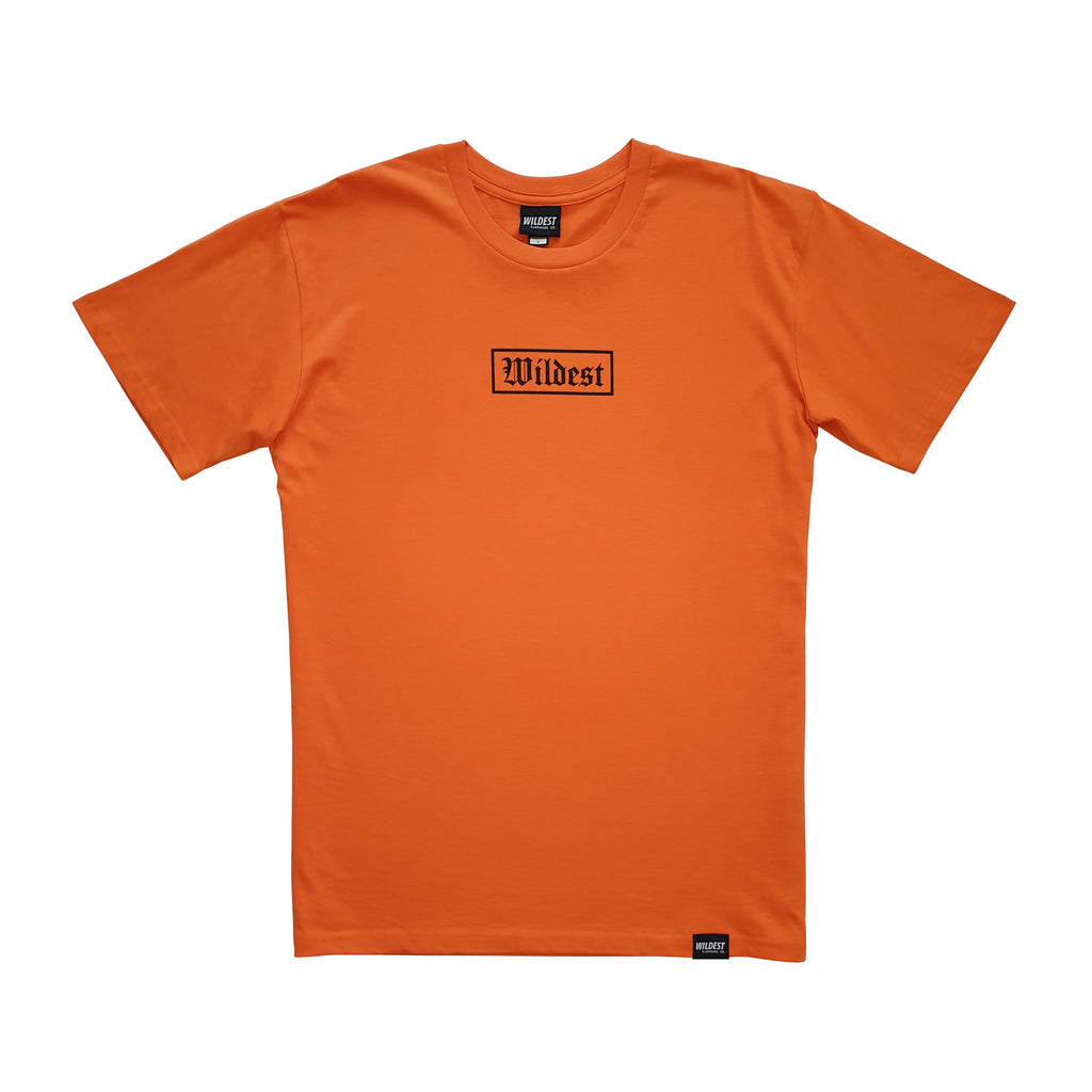 Orange coloured t shirt with black Wildest blackletter box print