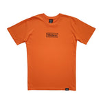 Orange coloured t shirt with black Wildest blackletter box print