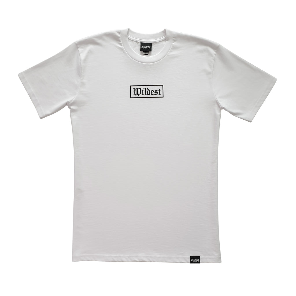 White coloured t shirt with black Wildest blackletter box print