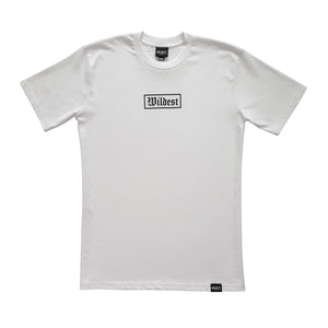 White coloured t shirt with black Wildest blackletter box print