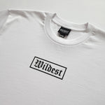 Close up of white t shirt with black Wildest blackletter box print